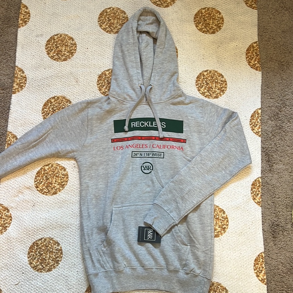 Men’s young and reckless logo, pull over hoodie, sweatshirt, gray, green red